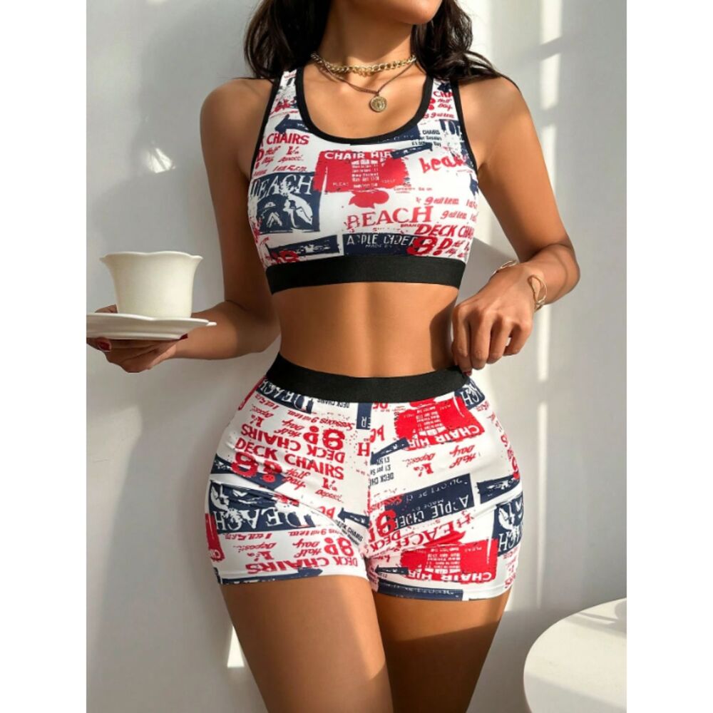 Large Letter Print Asymmetrical Versatile Bra And Boyshorts Set Lingerie